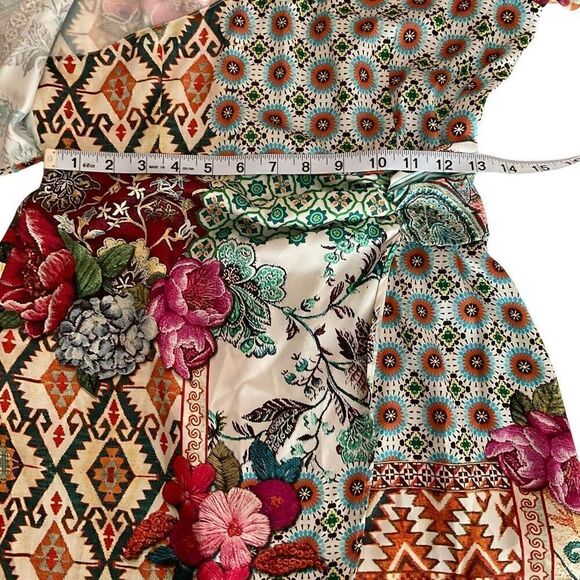 Zara Wrap Dress Patchwork Paisley Floral Aztec Tan Green Blue Zipper Back Small - Picture 7 of 11